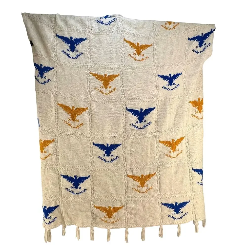 Vintage Handmade Ivory Crochet Blanket Eagle Emblem Motif Throw